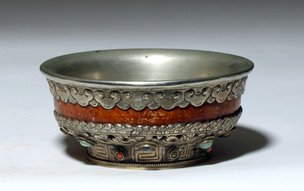 20th C. Nepal Wood / Silver Alms Bowl, ex-Arnovick (1 of 6)