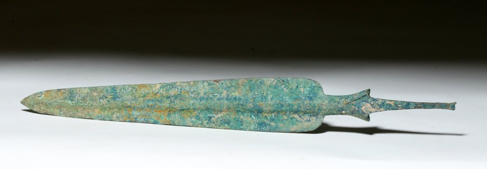 Marlik Bronze Spear Head - Fertile Crescent, ex-Piscopo: Marlik, Caspian Sea region, ca. 1200 to 1000 BCE. Heavy bronze spear head of leaf shape and large rounded central ridge, long rectangualr insertion tang and flared section between two areas. A large a
