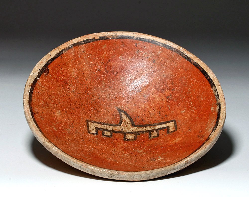 Panamanian Cocle Polychrome Bowl - Abstract Design: Pre-Columbian, Panama, Gran Cocle, ca 500 to 800 CE. Very unusual example of the fabulous potteries that come from the Cocle region of Panama. The center design is so minimalist compared to many Cocle