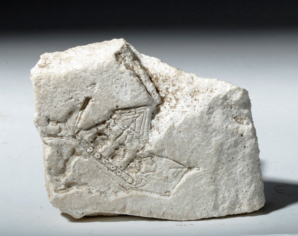 Early Byzantine Stucco Applique Mold -- Ship (Dromon): Byzantine Empire, ca. 4th to 5th centuries CE. This is a fragmentary mold for making terra sigillata (literally, "clay bearing small images") decorative appliques. This depicts a ship with two sails -