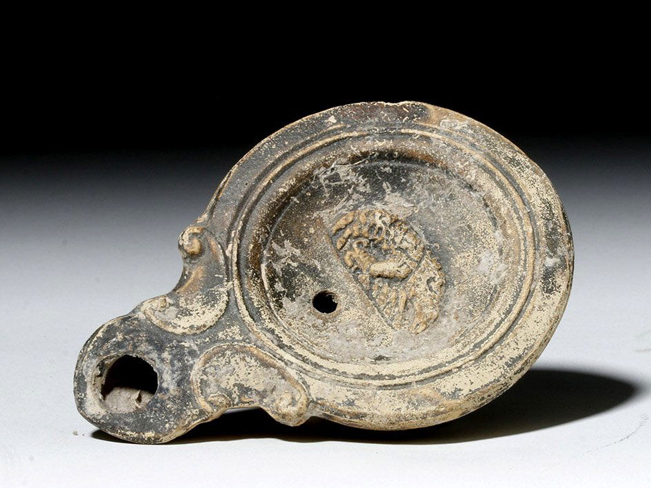 Roman Pottery Oil Lamp w/ Ram, Volute Style (1 of 6)
