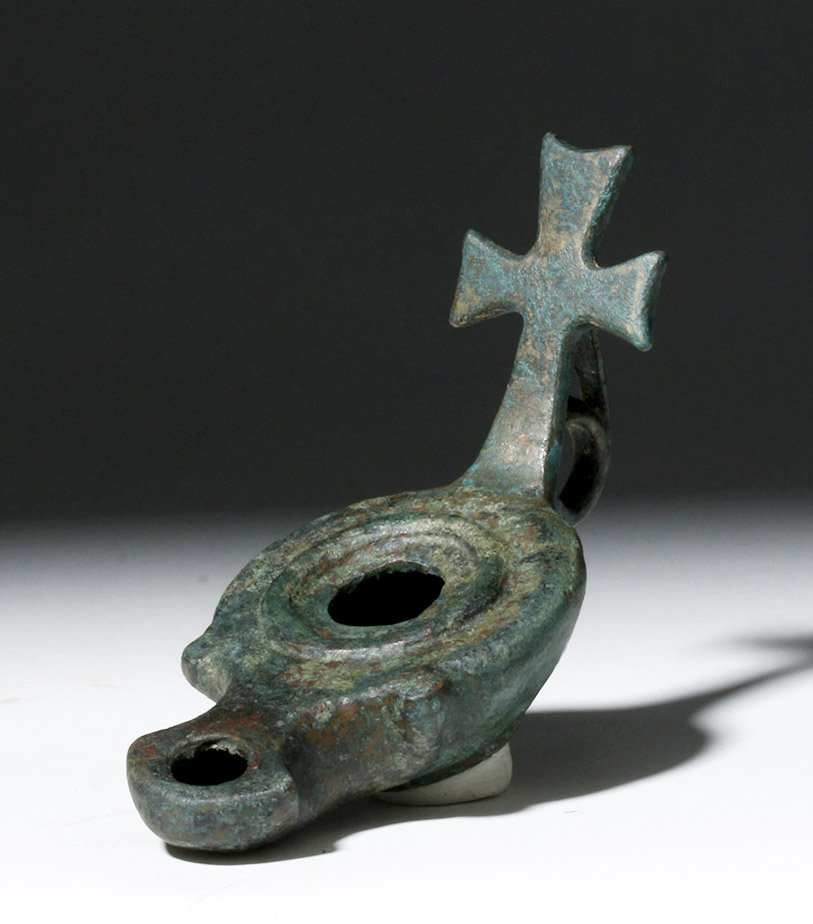 Roman / Byzantine Bronze Oil Lamp - Cross Handle (1 of 7)