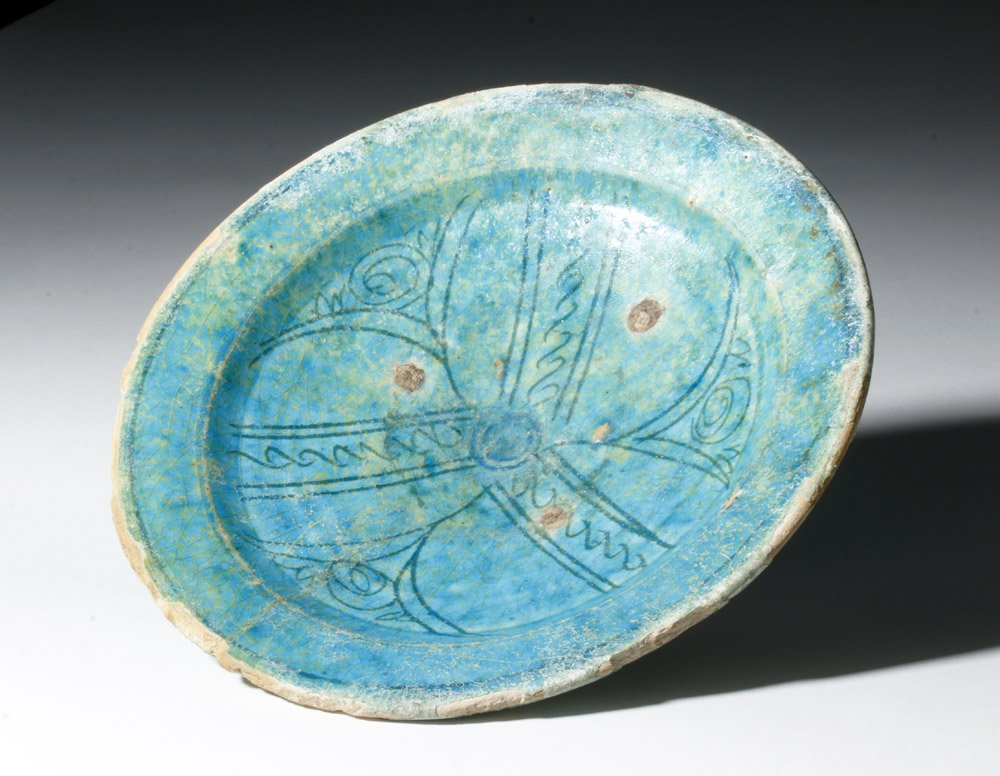13th C. Persian Nishapur Blue Glazed Pottery Plate (1 of 4)
