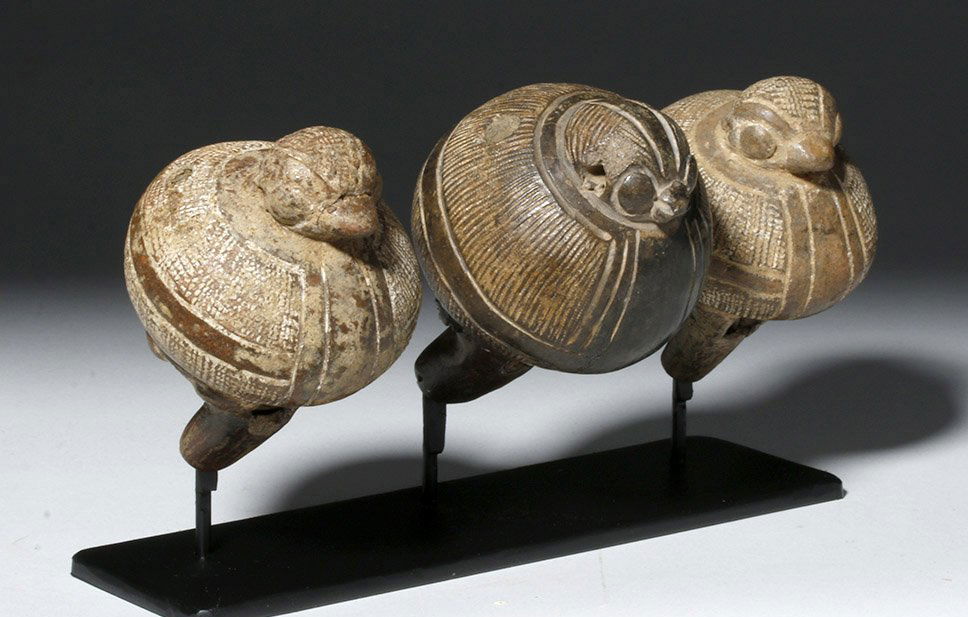 Adorable Group of 3 Pottery Costa Rican Bird Ocarinas: Pre-Columbian, Costa Rica, ca. 800 to 1200 CE. Adorable grouping of three functioning ocarinas each in the form of a rotund bird. Buff pottery slipped dark and medium brown with extensive incised deco
