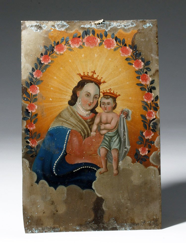 19th C. Mexican Retablo - Virgin Mary and Christ Child: Latin America, Mexico, ca. 1875 CE. A classic 19th century Mexican heavy gauge tin retablo painting, tenderly representing the Virgin Mary and Christ Child, traditionally referred to as N.S. Refugio d