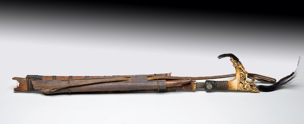 19th C. Dayak Mandau Sword, Carved Horn, Hair Plumes (1 of 7)