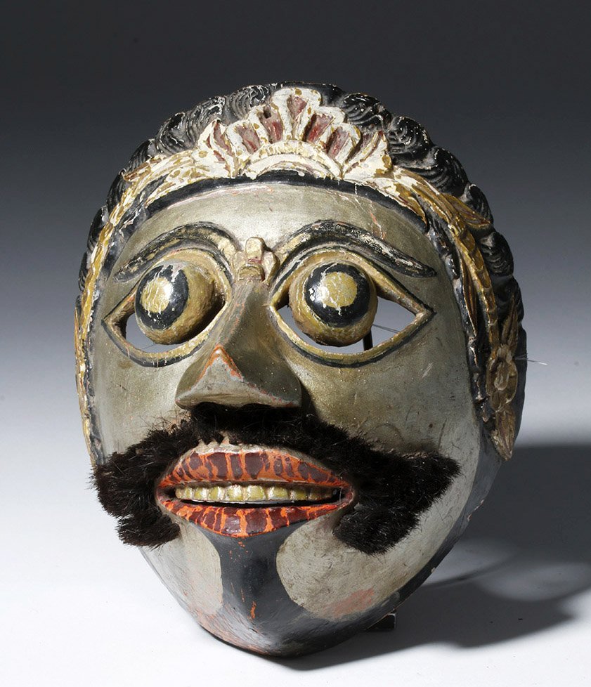 Indonesian Wooden Dance Mask - Dramatic Eyes & Mustache: Southeast Asia, Indonesia, Java or Bali, ca. early 20th century CE. A hand carved and hand painted wooden mask depicting a character from the Indonesian dance drama known as Topeng, a spectacular perf