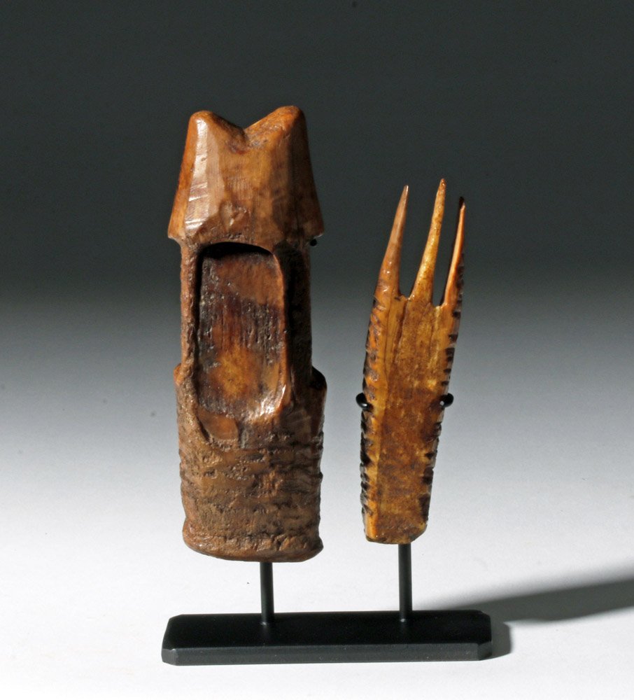 Rare Pre-Inuit Bone Tools - 1000+ Years Old (pr): Alaska, Birnirk culture, ca. 6th to 12th century CE. This is a pair of bone tools with excellent dark patina used along the coast of Alaska. Birnirk settlements were small, with only one or two occupi