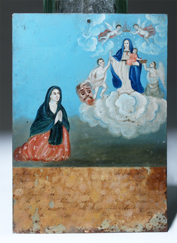 19th C. Mexican Ex Voto Virgin of the Light, x-Historia: Latin America, Mexico, Spanish Colonial, ca. 1885 CE. A fine antique Mexican ex-voto painting on heavy gauge tin depicting a woman kneeling in prayer to the Holy Mother as La Virgen de la Luz (the Vir