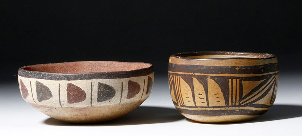 Pair of Pottery Bowls, Nazca and Hopi: Pre-Columbian, South Coast Peru, Nazca, ca. 250 BCE to 125 CE and North America, Southwest, Hopi, ca. early 20th century CE. A lovely pair of ceramic bowls, one from the Nazca culture of ancient Peru,