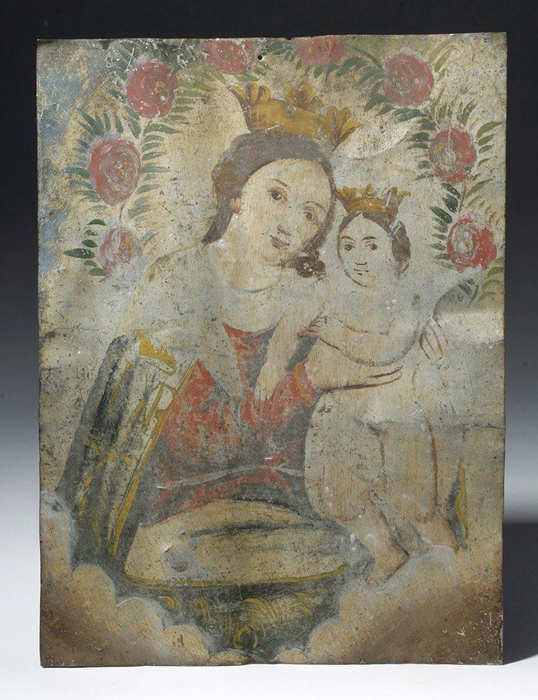 19th C. Mexican Retablo - Our Lady, Refuge of Sinners: Mexico, 19th century CE. Tender rendition of N.S. Refugio de Pecadores - Our Lady, Refuge of Sinners on antique tin retablo. In 1719, a Jesuit missionary brought a copy of a painting originally create