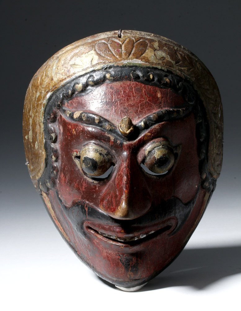 Early 20th C. Indonesian Painted Wood Mask from Topeng: Southeast Asia, Indonesia, Central Java, ca. early 20th century CE. A carved wood Indonesian mask depicting a character from the Indonesian dance drama known as Topeng, a spectacular performance in wh