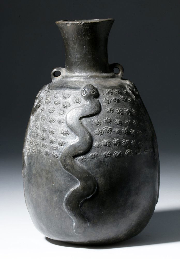 Rare Inca Blackware Aryballos - Snakes, Lizards & Birds (1 of 7)