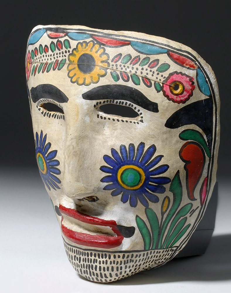 Vibrant Mexican Plaster Festival Dance Mask: ** A portion of the proceeds from the sale of this lot will benefit The Fowler Museum at UCLA **Mexico, ca 1940. A truly spectacular dance mask in molded plaster - rare to see in this medium! Oval ma