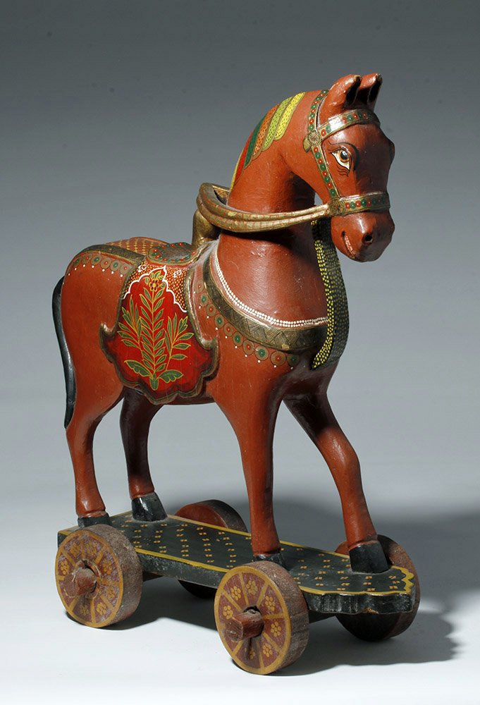 1950s Indian Folk Art Carved Horse Pull Toy (1 of 9)