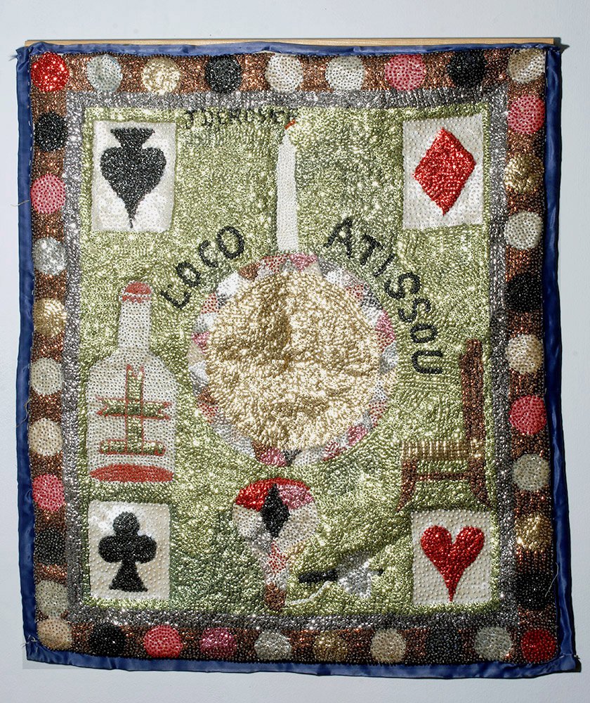Vibrant 1960s Haitian Voodoo Banner - Sequined Cloth: ** A portion of the proceeds from the sale of this lot will benefit The Fowler Museum at UCLA ** Haiti, ca. 1960. Colorful and fascinating voodoo banner. Made of sequins sewn to cloth backing with pla