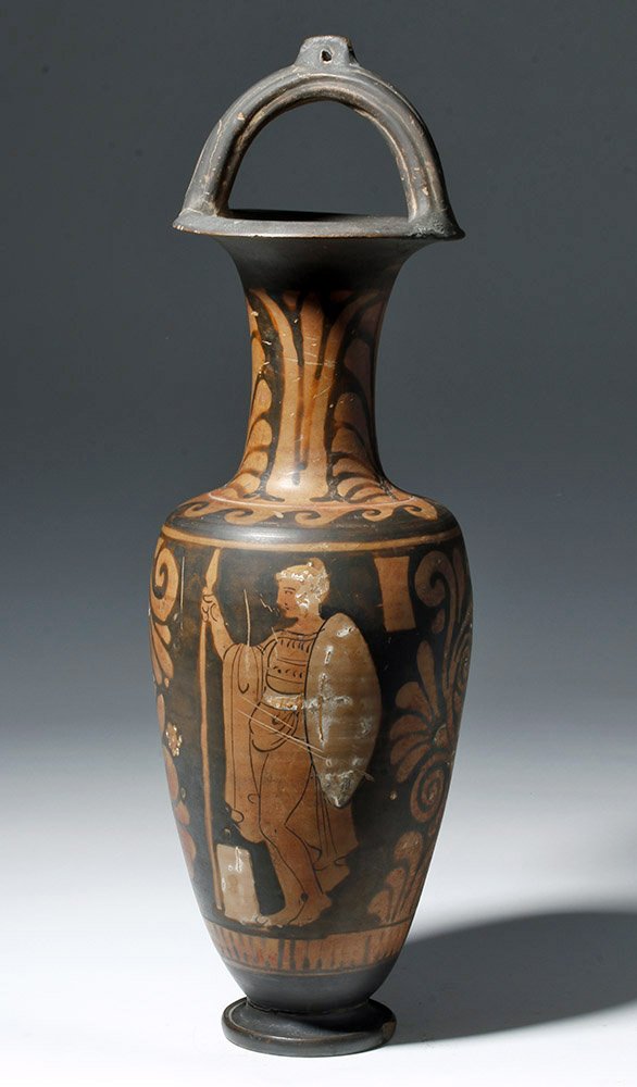 Large Greek Campanian Pottery Bale Amphora: Magna Graecia, Greek colony of Campania, ca 340 to 325 BCE. Large and very fine pottery bale amphora - so named for the bale handle at top. Decorated in red-figure technique with side "A" depicting a 