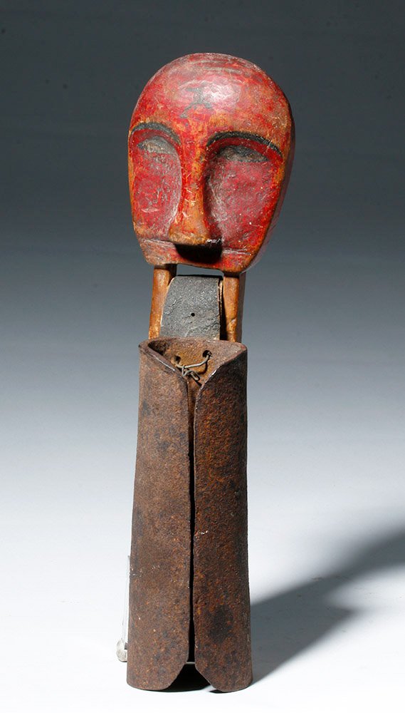 20th C. African Wood Mask Attached To Iron Bell (1 of 7)