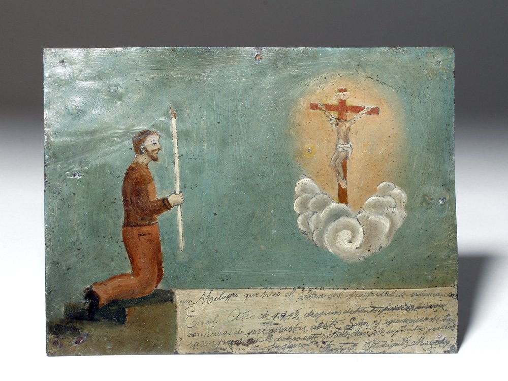 Mexican Tin Ex-Voto, Devotion to Jesus, ex-Historia: Latin America, Mexico, ca. 1942 CE. An antique Mexican ex-voto, hand painted on heavy gauge tin, depicting a gentleman, presumably the author of the text, one Faustimo Rodriguez. He prays before a vis
