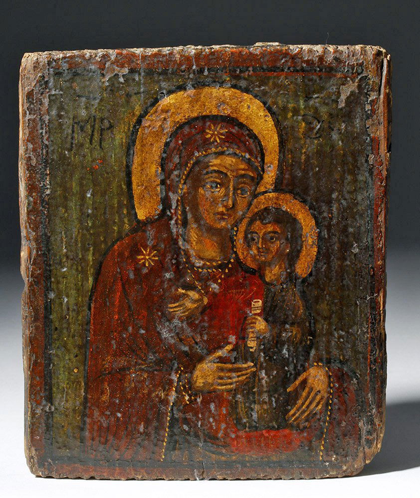 19th C.  Greek Polychrome Wood Icon - Virgin & Child (1 of 6)