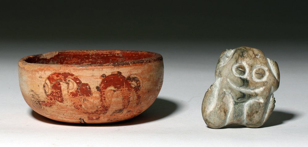 Lot of 2  Mayan Pottery Artifacts - Bowl + Figure (1 of 4)