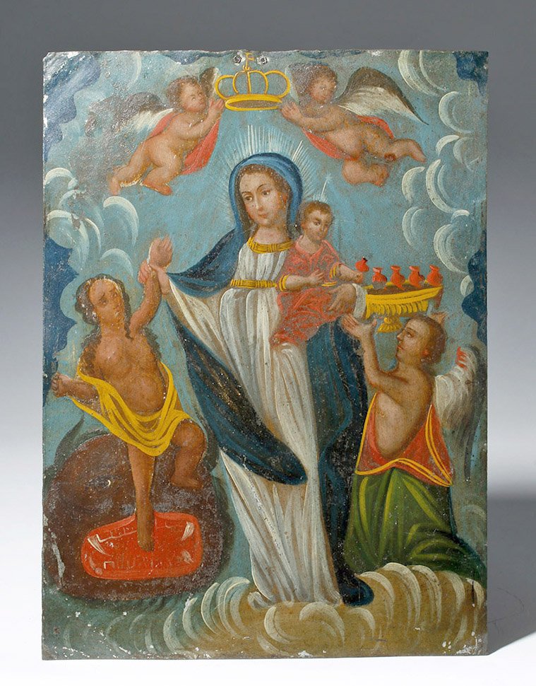 Ca. 1875 Mexican Tin Retablo, ex-Historia: Mexico, ca. 1875. Wonderfully executed paint on tin retablo in the form of La Madre de la Cruz. Our Lady of the Light or Holy Mother of the Light expresses a Catholic Marian devotion that comes from a
