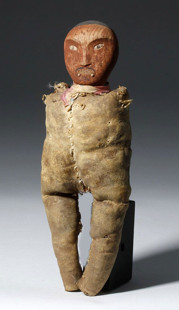 19th C. Eskimo Leather / Wood Doll - Kusco Kwim River: ** A portion of the proceeds from the sale of this lot will benefit The Fowler Museum at UCLA ** Native American, Alaska, Eskimo, Kusco Kwim River region, ca. 19th century to early 20th century CE. Do