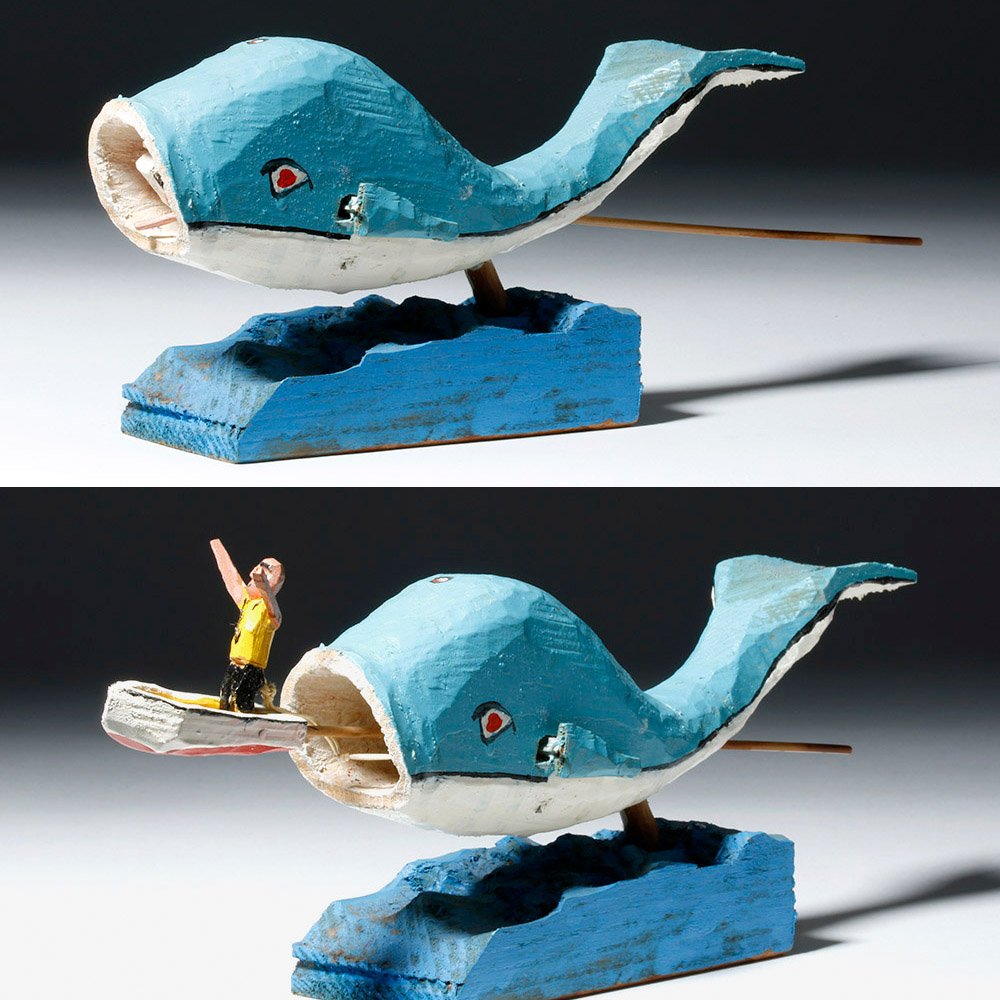 20th C. American Folk Art Wood Jonah & Whale - Ed Mann: ** A portion of the proceeds from the sale of this lot will benefit The Fowler Museum at UCLA ** United States, ca. 1983 CE. Very whimsical folk art carved and painted wooden Jonah and the Whale by fo