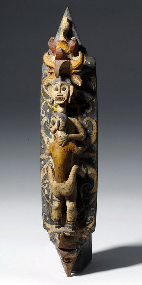 Miniature 1940s Indonesian Wood Shield - Erotic Couple: ** A portion of the proceeds from the sale of this lot will benefit The Fowler Museum at UCLA ** Southeast Asia, Indonesia, possibly Malaysia / Borneo, ca. 1940s. A finely carved and painted miniature