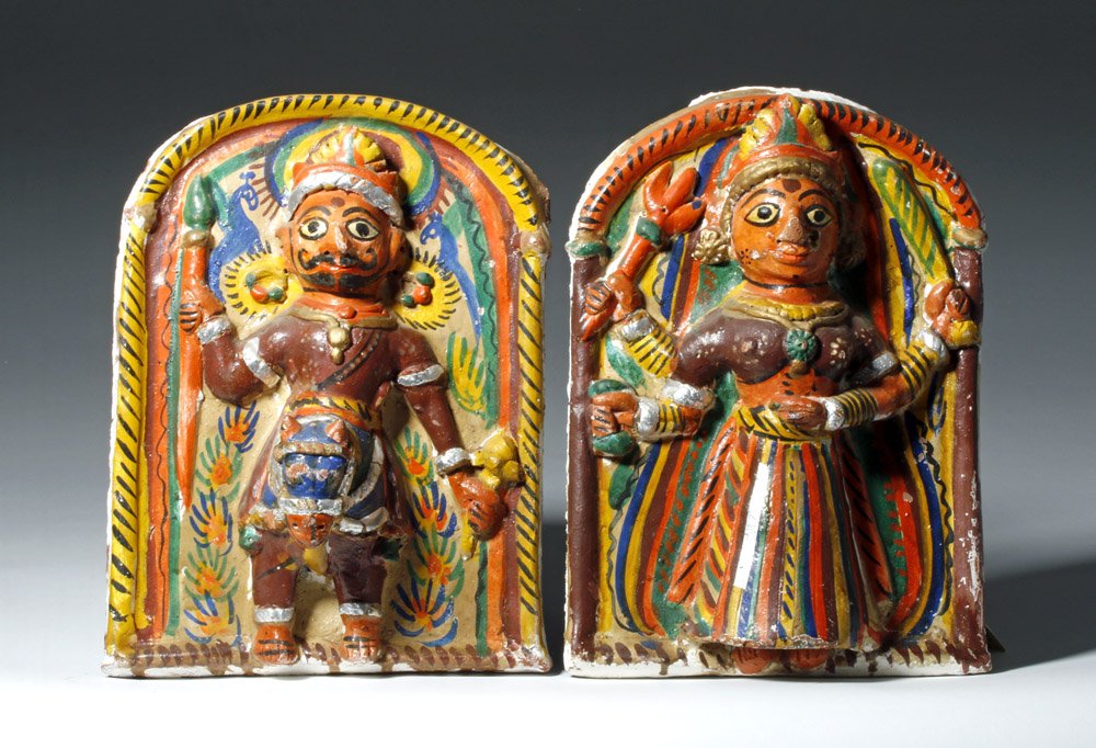 Pair 20th C. Indian Polychrome Plaques (1 of 4)