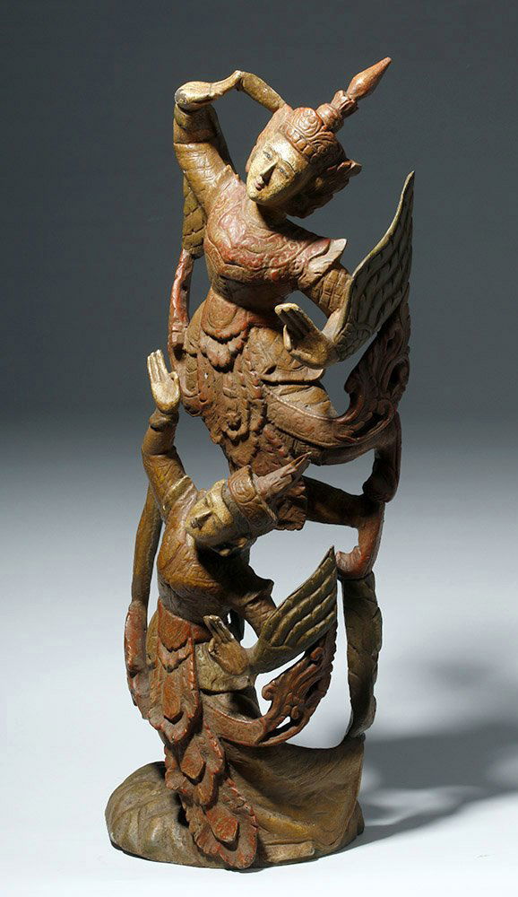 19th C. Indonesian Polychrome Wood Sculpture - Apsaras (1 of 8)