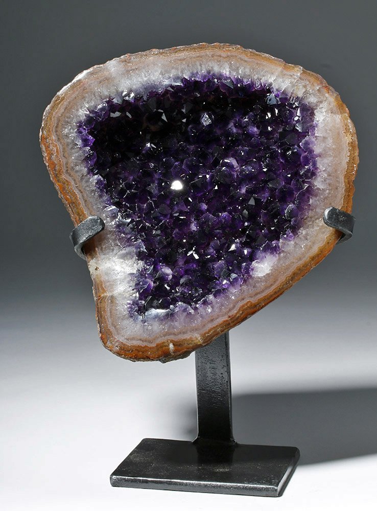 Lovely Amethyst Geode Section - Finest Purple Crystals: South America, Urugay, millions and millions of years old. A huge amethyst crystal quartz cluster, a natural mineral specimen lining the interior of a geode assuming the shape of an upside-down teardr