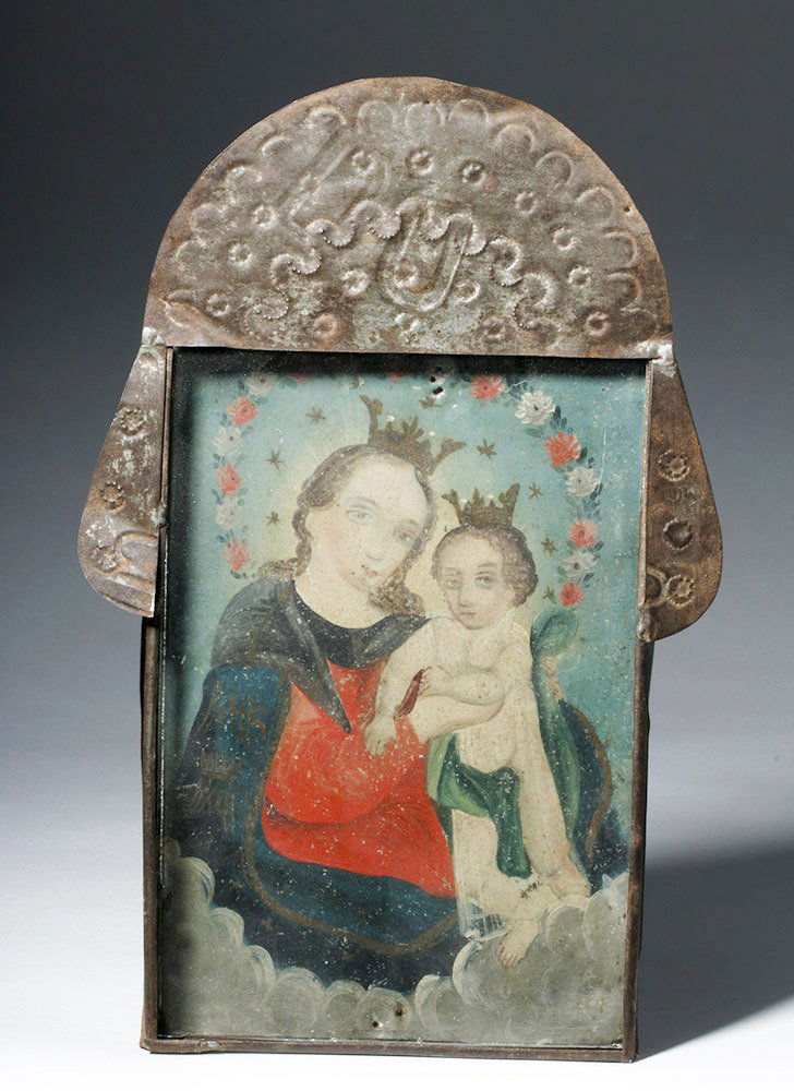 19th C. Mexican Tin Nicho w/ Painted Retablo: Latin America, Mexico, ca. 1870 to 1890 CE. A classic 19th century oil on tin folk retablo painting tenderly representing the Virgin Mary and Christ Child, traditionally referred to as N.S. Refugio de
