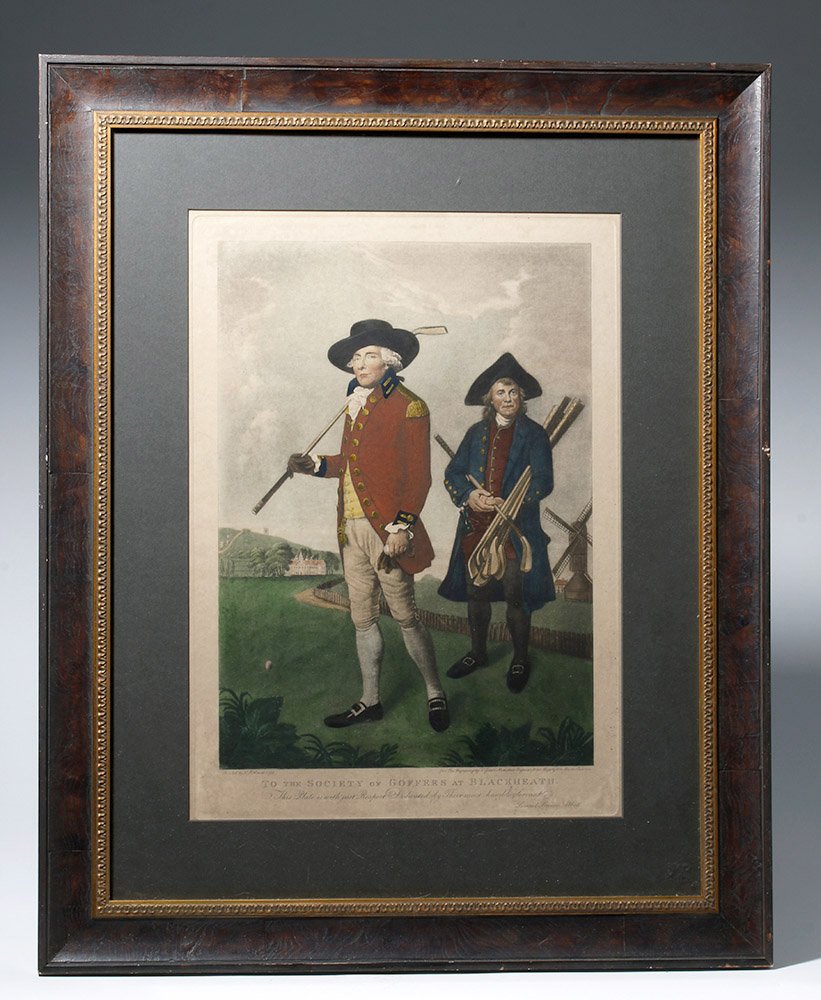 19th C. Tinted Mezzotint Engraving - Goffers (Golfers): Europe, England, ca. 19th century CE. The first-ever golf print, according to various experts of golf memorabilia, originally created in 1790, a hand-tinted mezzotint depicting William Innes, Blackhea