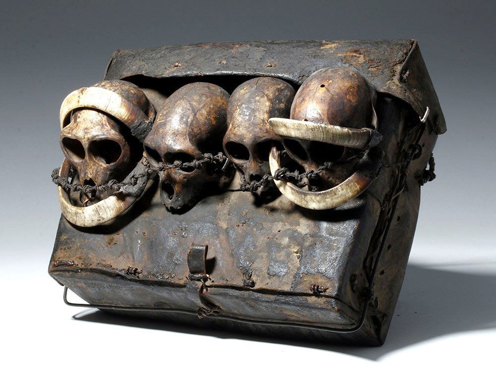 19th C. Naga Leather Headhunter's Bag w/ Monkey Skulls (1 of 9)