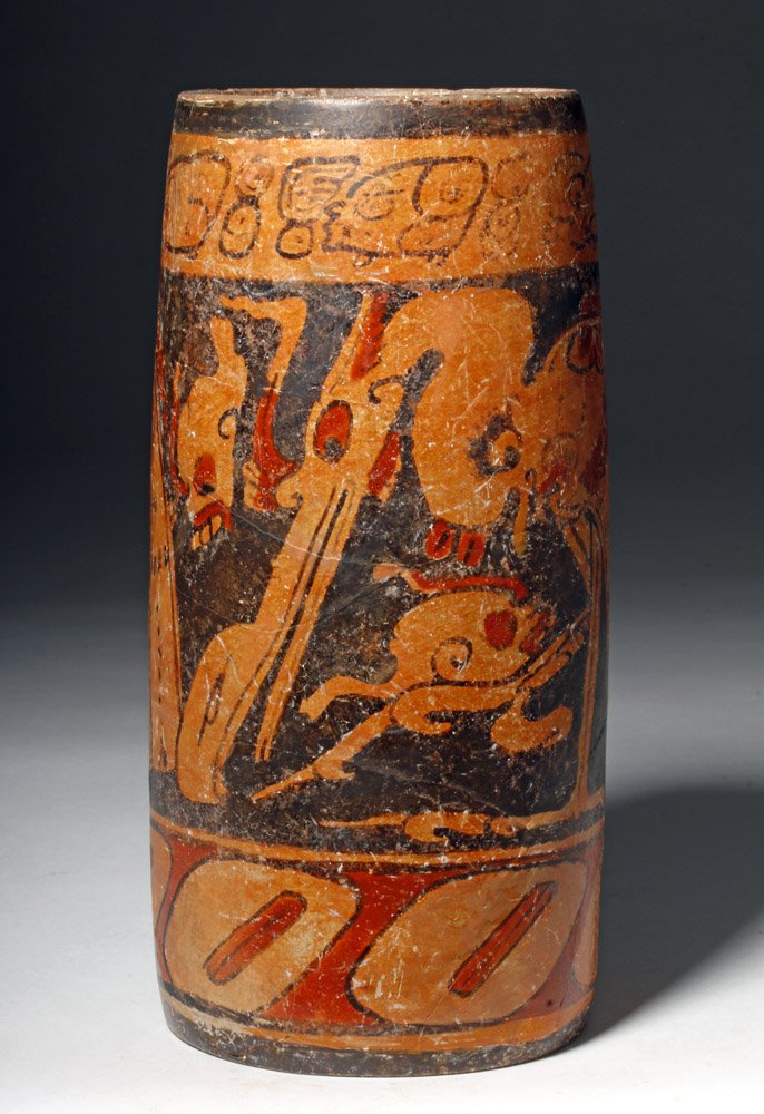 Tall Mayan Polychrome Cylinder - Hieroglyphs (1 of 8)