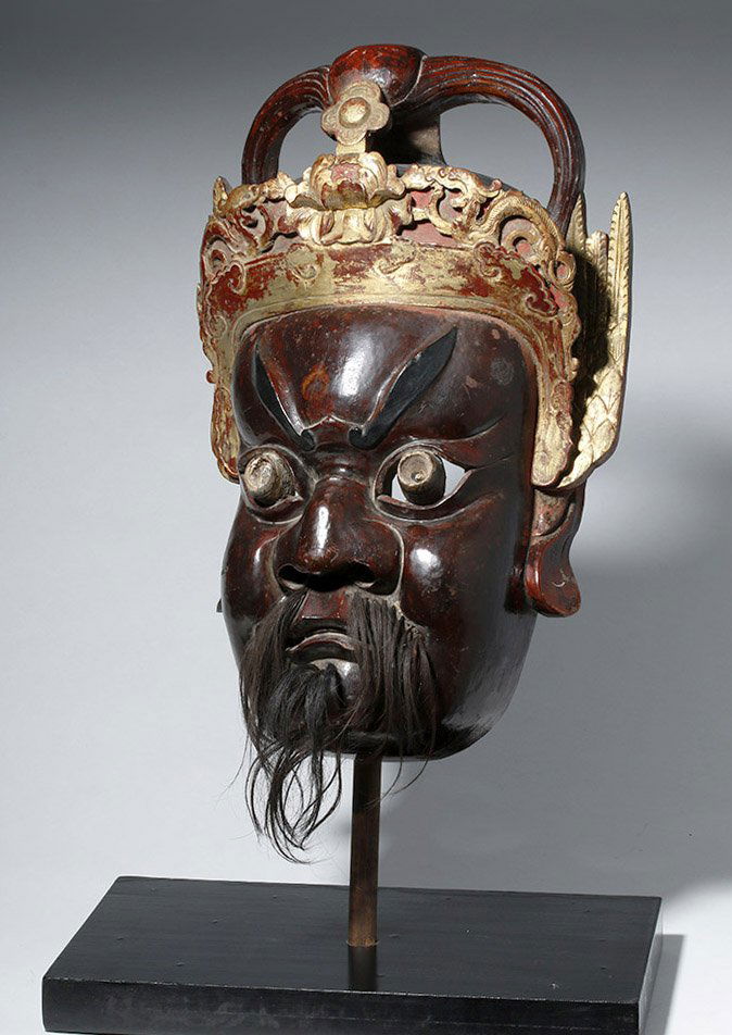 19th C. Chinese Lacquered Wood Mask - Protector God (1 of 9)