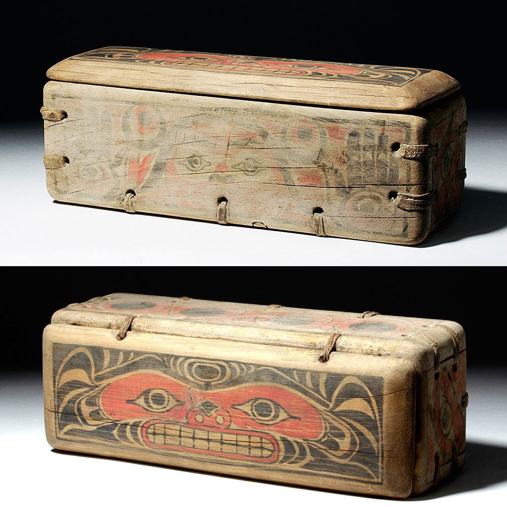 19th C. Tlingit / Haida Painted Wood Box, Totemic Faces (1 of 10)