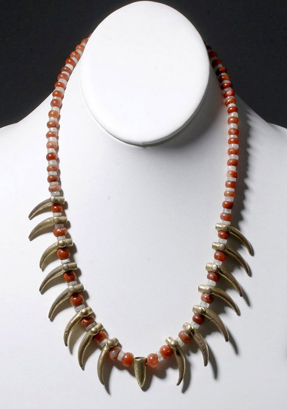 Custom Necklace w/ Ancient Gold Feline Claws: Pre-Columbian, Colombia, Tairona culture, ca. 800 to 1200 CE. Chalcedony and quartz beads interspersed with sixteen gold beads shaped like feline claws. The pre-Columbian Tairona, a group of chiefdoms