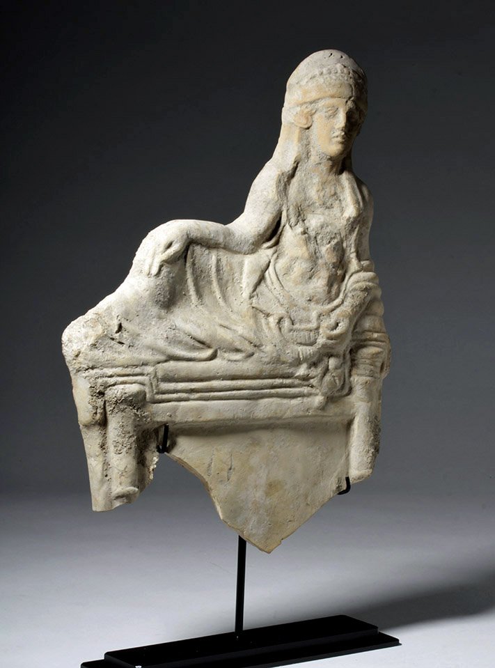 Superb Large Greek Pottery Relief Banqueter: Magna Graecia, South Italic, Apulia, probably Tarentum, ca. 4th to 3rd century BCE. An exquisite section of a terracotta relief depicting a banquet scene, traditionally used for Classical funerary rel