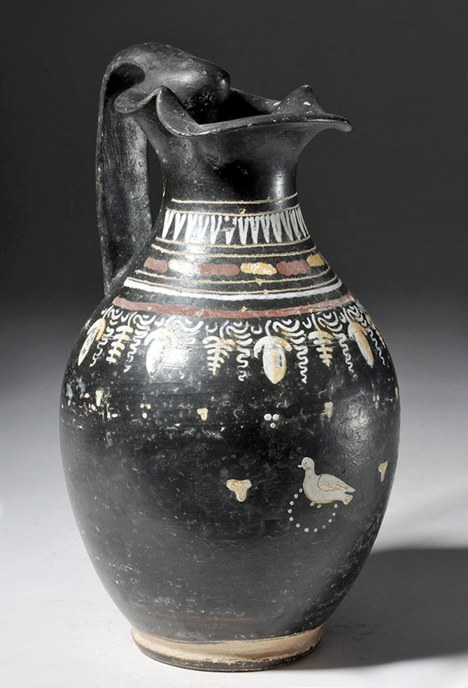 Greek Gnathian Pottery Trefoil Oinochoe - Grapes & Bird: Magna Graecia, Southern Italy, Apulia, ca. 340 to 325 BCE. A breathtaking trefoil oinochoe created in a pottery workshop in the Apulia region of southern Italy where potters were known for introducing