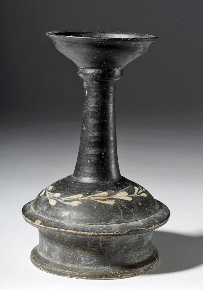 Greek Apulian Pottery Thymiaterion - Laurel Leaves: Magna Graecia, Southern Italy, Apulia, ca. 340 to 325 BCE. An elegant bichrome thymiaterion (incense burner) of a lovely form, the contours of the shape strongly articulated, the black surface decorat