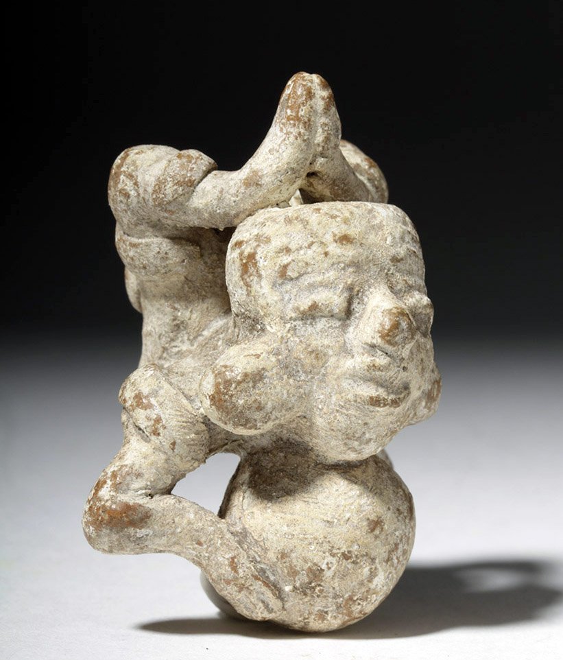 Tlatilco Pottery Acrobat Figure - Rare Form!: Pre-Columbian, Mexico, Tlatilco, ca. 600 BCE. Tlatilco figures are renowned for their lifelike depictions of how humans stand and move, and this example is a delight of movement - an acrobat balancing