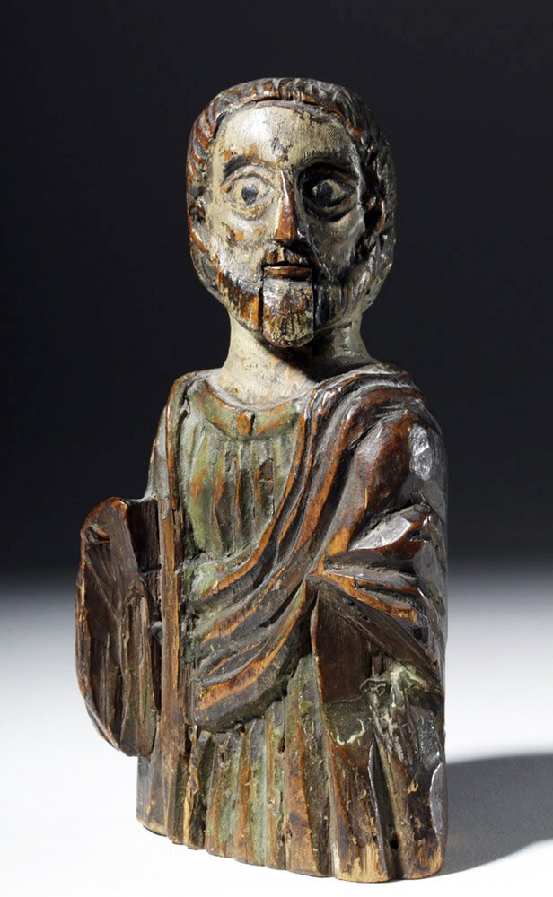 18th C. Spanish Colonial Wood Santos w/ Articulated Jaw: Spanish Colonial, Central America or Mexico, ca. 18th to 19th century CE. Outstanding carved wooden Santos of unknown Saint carved with long flowing robes, wide expressive eyes, tight cropped eyes and