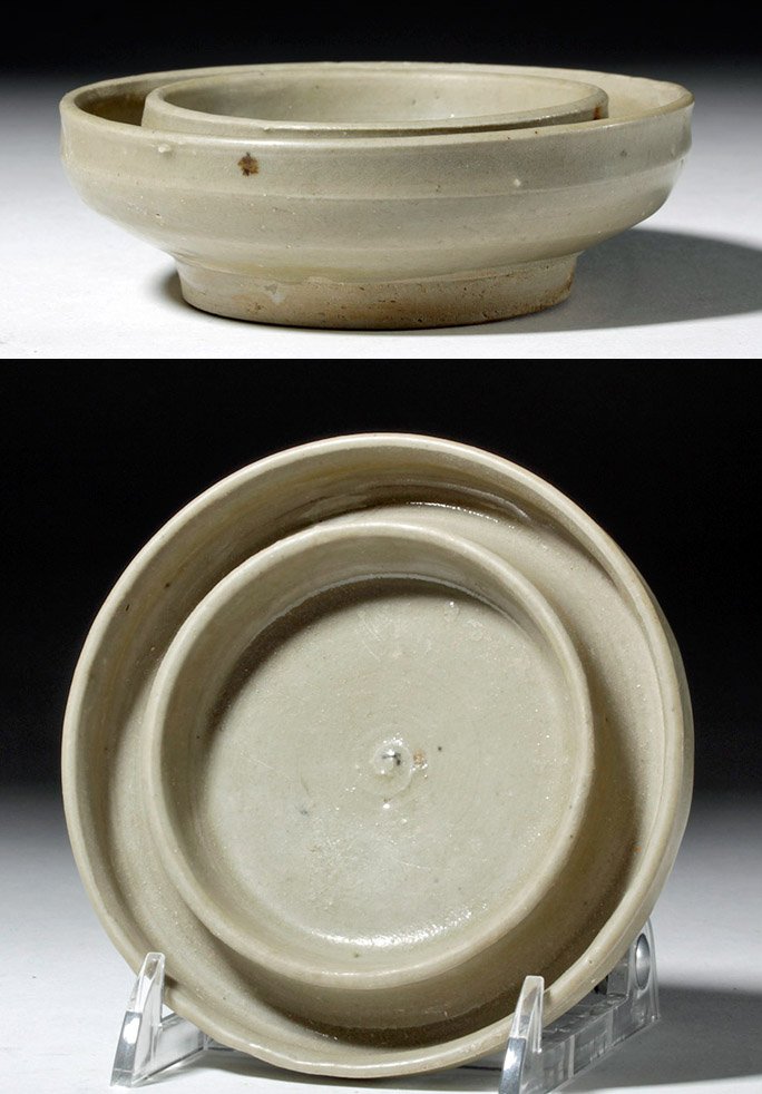Chinese Qing Dynasty Celadon Brush Washer: China, Qing Dynasty, ca. 1644 to 1912 CE. A grey-green celadon pottery double bowl with unglazed foot which was mold-made to be used for washing brushes. This form arose alongisde the emergence of cal