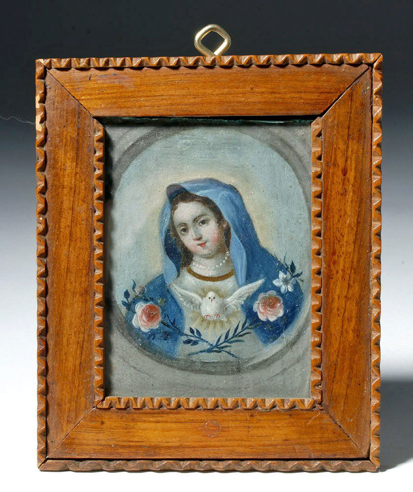 Framed 17th C. Spanish Tin Retablo - La Alma de Maria: Europe, Spain, ca. 17th century CE. A breathtaking and quite rare 17th century Spanish painted retablo depicting "La Alma de Maria" or "The Soul of Mary" - alternatively called "La Virgen de la Paloma