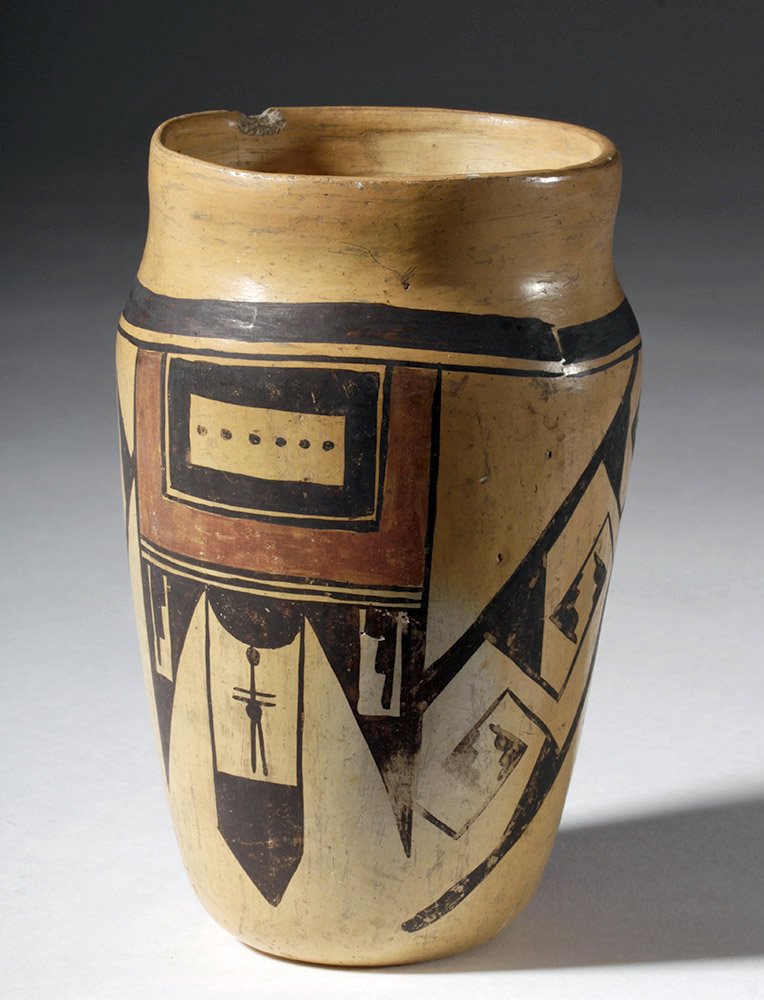 Native American Hopi Eagle Tail Vessel - ca. 1940: Southwestern USA, Arizona and New Mexico, Hopi Peoples, ca. 1940 CE. A wonderfully painted classic 20th century Hopi vessel with an orange burnished surface painted over with a matte black and shinier