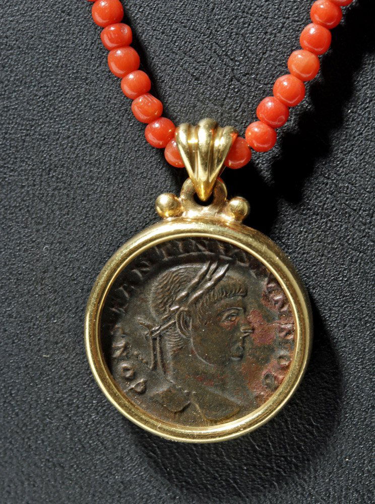Coral Bead Necklace w/ Ancient Roman Coin Pendant (1 of 6)