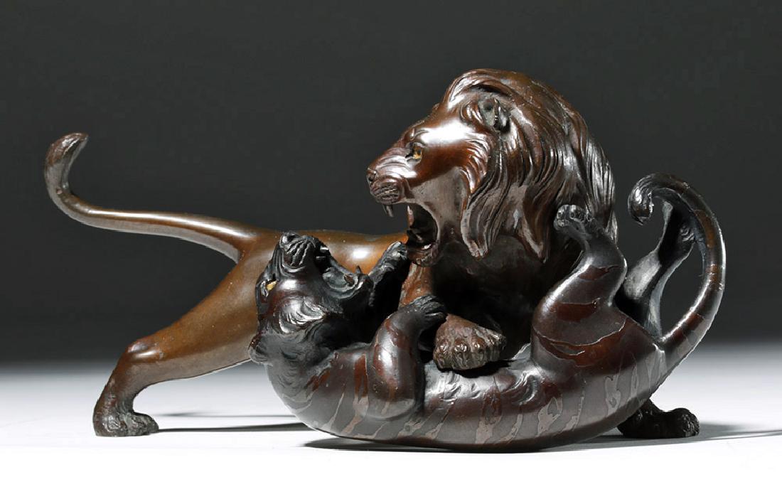 Signed Japanese Meiji Bronze Sculpture - Lion & Tiger (1 of 9)