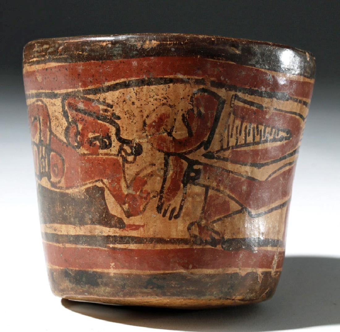 Unusual Mayan Copador Vessel - Figures Swimming: Pre-Columbian, Maya, Classic Period, ca. 700 to 900 CE. A iconographically fascinating small cylinder vessel, perhaps made to be used for drinking cocoa, a ritual and popular drink in the Maya world. 